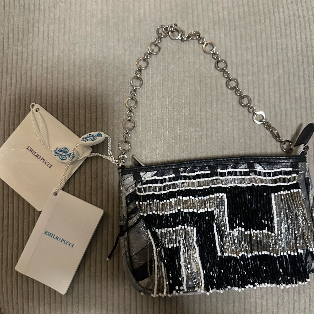 Emilio Pucci Black and Silver Patterned Mini Clutch